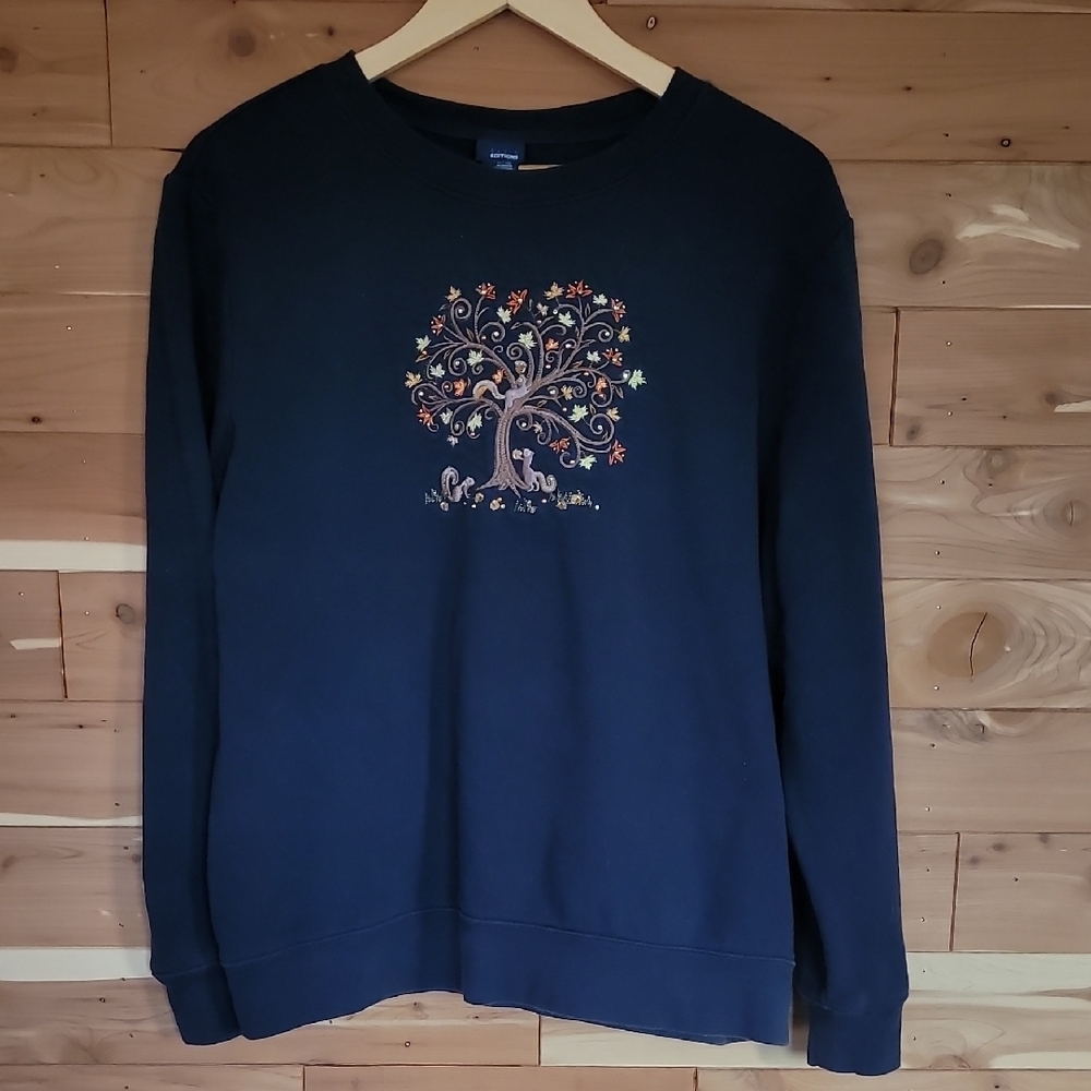 Basic Editions Navy Sweater, Size L, Tree & Squirrel Fall Scene, Embroidery